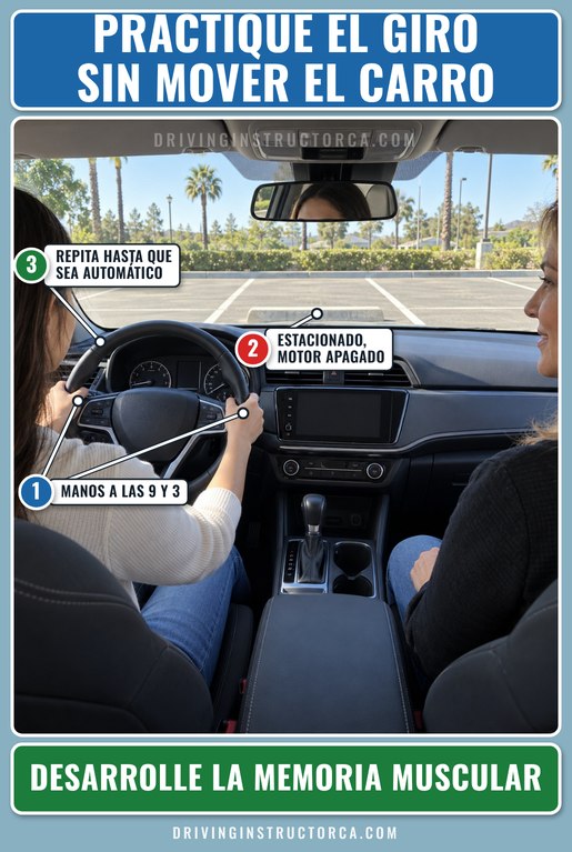 practicar los movimientos del volante con el carro estacionado y las manos a las 9 y las 3