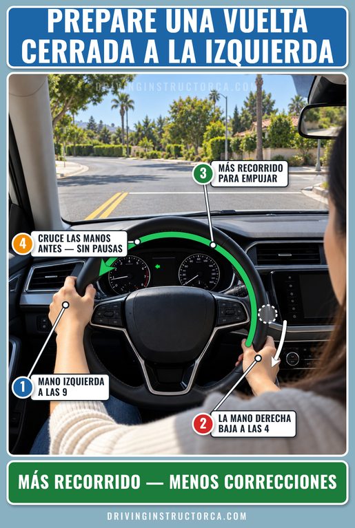 posición de las manos para una vuelta cerrada a la izquierda con la mano derecha a las 4