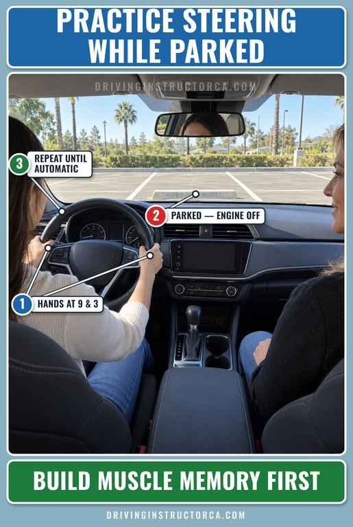 practicing steering while parked with hands at 9 and 3