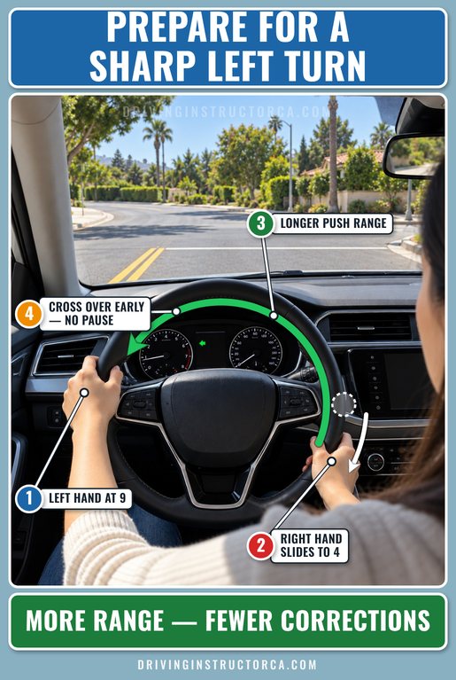hand position for a sharp left turn with the right hand at 4 o’clock