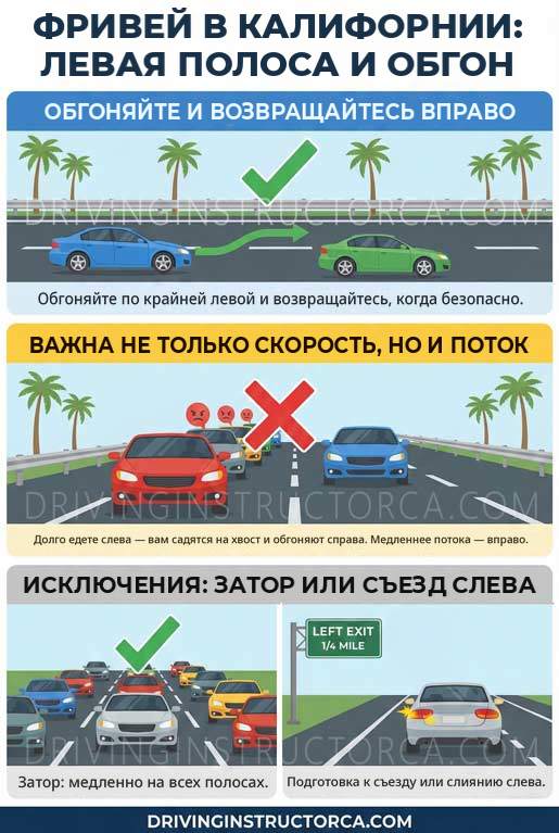 Левая полоса фривея в Калифорнии: используйте её для обгона, а затем перестраивайтесь обратно вправо