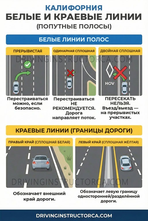 Белые линии разметки полос и краевые линии в Калифорнии