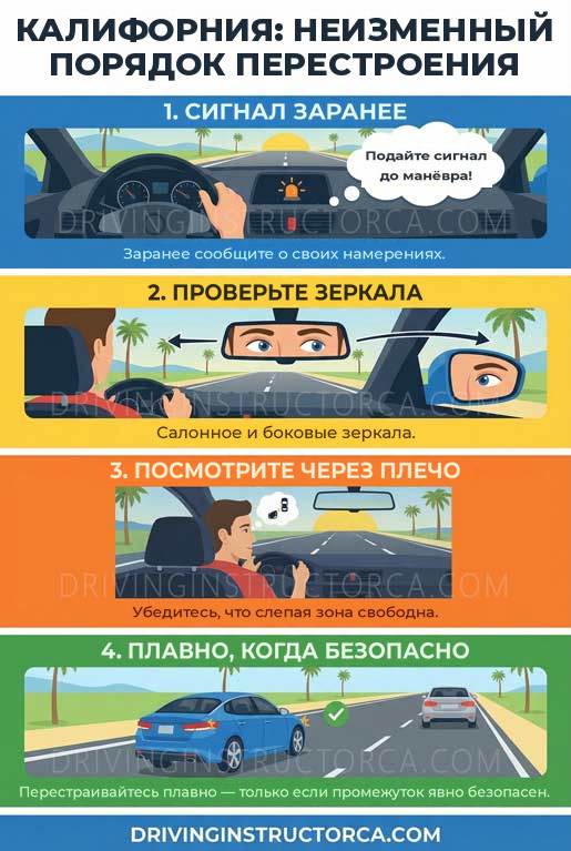 Безопасное перестроение: заранее включите сигнал, проверьте зеркала, посмотрите через плечо и перестраивайтесь плавно