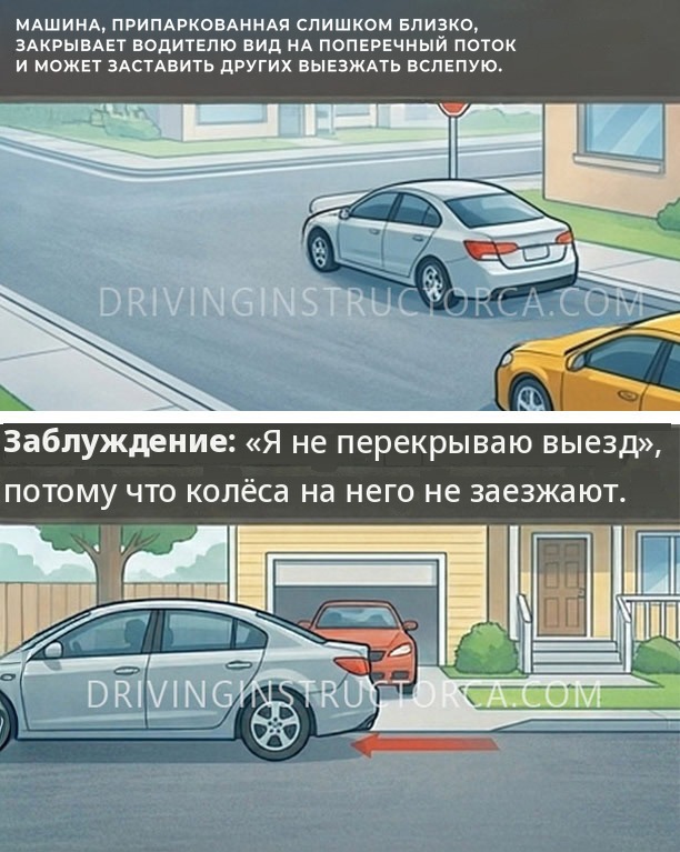Парковка слишком близко к выезду закрывает водителям вид на поперечный поток