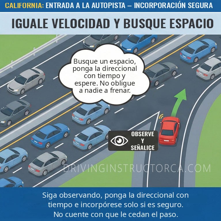 Incorporación a la autopista desde una rampa de entrada: iguale la velocidad, busque un espacio y ponga la direccional a tiempo