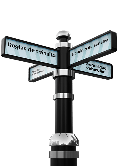 Poste indicador con temas de práctica para el examen del DMV: reglas de tránsito, dominio de señales, estudio inteligente y seguridad vehicular