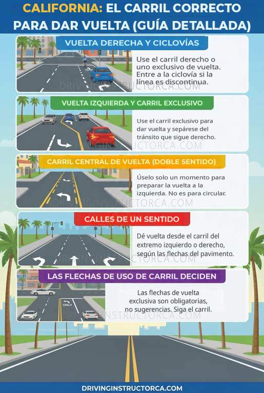 Reglas de los carriles en California: cómo elegir el carril correcto para dar vuelta en una intersección