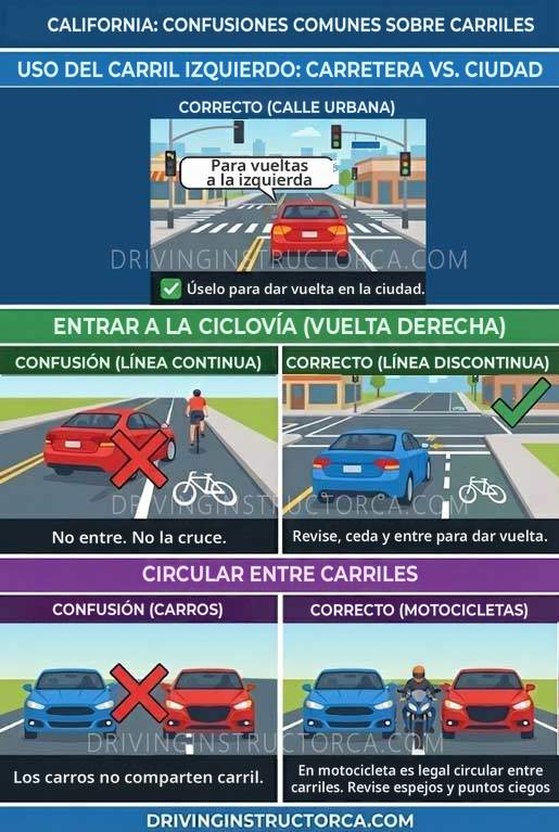Confusiones comunes sobre los carriles en California: el carril izquierdo, la incorporación a la ciclovía antes de dar vuelta a la derecha y las motocicletas entre carriles