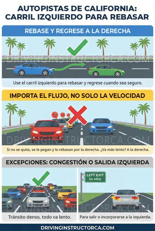 Carril izquierdo de la autopista en California: úselo para rebasar y luego regrese a la derecha