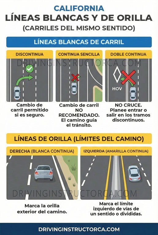Líneas blancas de carril y líneas de borde en California