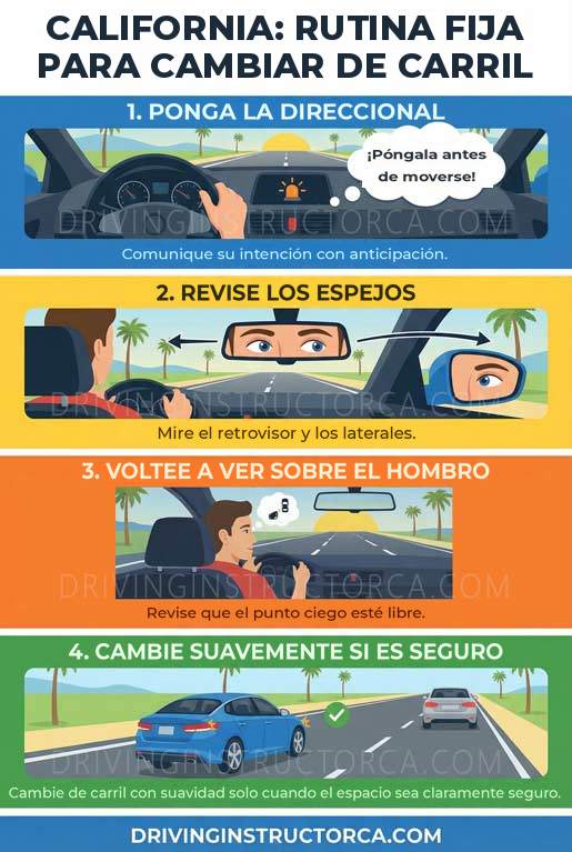 Cambio de carril seguro: ponga la direccional a tiempo, revise los espejos, voltee a ver por encima del hombro y cambie de carril con suavidad